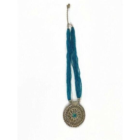 Tanjore India Turquoise Colored Necklace With Silver Medallion 15" - Picture 8 of 8